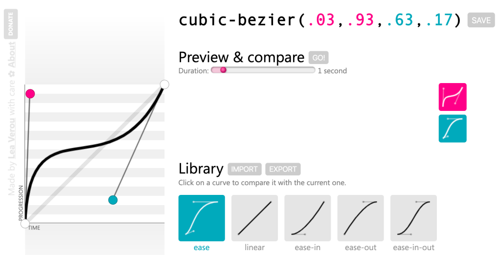 A custom cubic bezier curve created on cubic-bezier.com. There are also options to preview and compare your curve with CSS’s ease, linear, ease-in, ease-out, and ease-in-out transitions.